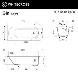 Ванна из искусственного камня WHITECROSS Gin 0217.175075.2XXXX 175x75 см RAL мат